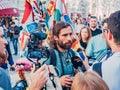 Russia, Moscow, FIFA World Cup: June 15, 2018 . Journalists interviewed by the traveler Matthias Amaya, who overcame