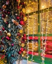 Beautiful Festive Christmas and New Year trees decorations on Tverskaya Square during the Moscow Tea Party holiday.