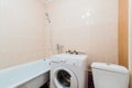 Russia, Moscow- July 08, 2019: interior room apartment. standard repair decoration in hostel. bathroom and toilet