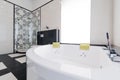 Russia, Moscow- July 21, 2019: interior room apartment. standard repair decoration in hostel. modern bathroom, sink, decoration Royalty Free Stock Photo