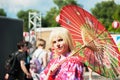 Russia, Moscow-July 21, 2019: Japanese culture festival j-FEST, cosplay girl with a Japanese outfit with an umbrella.