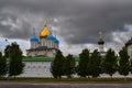 Russia, Moscow, July 2018 - Novospassky Monastery. Domes of the temple against the dark cloudy sky Royalty Free Stock Photo