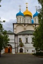 Russia, Moscow, July 2018 - Novospassky Monastery. Orthodox church with multi-colored domes