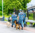 Policemen and dogs patrol the park near the Exhibition of Achievements of the National Economy. Cynologists at VDNKh.