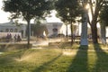 Russia, Moscow, VDNH Park. Evening watering of the garden.