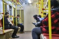 Russia Moscow June 2020. Moscow metro. people in protective masks ride in a subway car. coronavirus epidemic in Russia. viral risk