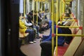 Russia Moscow June 2020. Moscow metro. people in protective masks ride in a subway car. coronavirus epidemic in Russia. viral risk