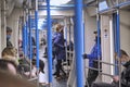 Russia Moscow June 2020. Moscow metro. people in protective masks ride in a subway car. coronavirus epidemic in Russia. viral risk