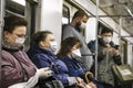 Russia Moscow June 2020. Moscow metro. people in protective masks ride in a subway car. coronavirus epidemic in Russia. viral risk