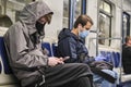 Russia Moscow June 2020. Moscow metro. people in protective masks ride in a subway car. coronavirus epidemic in Russia. viral risk