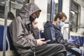 Russia Moscow June 2020. Moscow metro. people in protective masks ride in a subway car. coronavirus epidemic in Russia. viral risk