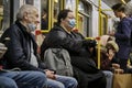 Russia Moscow June 2020. Moscow metro. people in protective masks ride in a subway car. coronavirus epidemic in Russia. viral risk