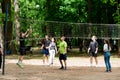 RUSSIA, MOSCOW - june 04, 2022: People day play volleyball travel forest woman sport tourism happy, concept healthy