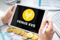 Russia Moscow 06.05.2021 Logo of cryptocurrency DEX decentralized money market, stablecoin protocol Venus XVS in tablet.Trading