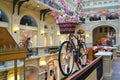 Russia, Moscow, March 01, 2021. Festively decorated for the spring of Gum on red square. Bicycles with flowers