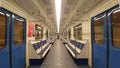 Russia, Moscow - May 06, 2019: Absolutely empty carriage of the Moscow metro. Made in blue and white colors, blue chairs and doors