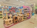 russia, moscow- may 20, 2023.cat tower,Animal Food for cats and dogs, shelves with goods for animals. Pet Shop.Toys for Royalty Free Stock Photo