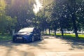 Russia, Moscow - May 04, 2019: Blue hot hatchback Ford Focus RS Parked on the sidewalk. Violates parking rules. Racing car on the