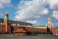 Russia, Moscow, May 2020. The empty city. Red Square without people. Senate and Nikolskaya towers of the Kremlin. Mausoleum.