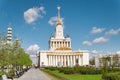 Russia, Moscow - May 2021. Frontal view of Central Main Pavilion at the Exhibition of Achievements of the People's