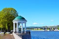 Russia, Moscow, May 20, 2022. Gazebo-rotunda of the Golitsyn Hospital on Pushkinskaya Embankment in Gorky Park, against