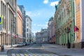 Russia, Moscow, May 2020. Ilinka street. Empty streets and roads of the city. Quarantine in Moscow. A city without people. Spring