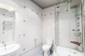 Russia, Moscow- May 12, 2018: interior room apartment. standard repair decoration in hostel. bathroom and toilet Royalty Free Stock Photo