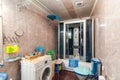Russia, Moscow- May 16, 2019: interior room apartment. standard repair decoration in hostel. bathroom and toilet