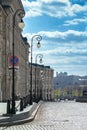 Russia, Moscow, May 2020. Vasilyevsky descent. Sunny day. The empty city. Old buildings, beautiful fanaries