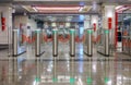 Russia, Moscow, 30.05.2018: Modern turnstile in moscow subway with green led light