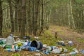 Russia, Moscow - November 25, 2017. Ecological crisis. Different garbage and trash on a ground in the forest