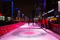 Russia, Moscow, Novy Arbat, December 19, 2018 - Curling ground, people play ice in the winter game. Winter, night and snow. New