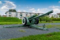 Russia. Moscow oblast. July 13, 2023. Soviet and Russian D-30 howitzer on tank alley in Stupino