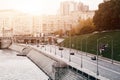 RUSSIA, MOSCOW, OCTOBER 13, 2017: Cityscape of the city. Summer season. Editorial image.Retro style image with glare of