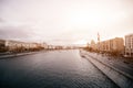 RUSSIA, MOSCOW, OCTOBER 13, 2017: Cityscape of the city. Summer season. Editorial image.Retro style image with glare of