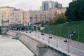 Russia, Moscow, october 13, 2017: Cityscape of the city. Summer season. Editorial image Retro style image with glare of