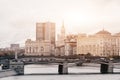 RUSSIA, MOSCOW, OCTOBER 13, 2017: Cityscape of the city. Summer season. Editorial image.Retro style image with glare of