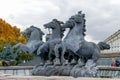 Russia, Moscow, October 2019. A fountain with a sculpture of galloping horses in the Alexander Garden in Moscow