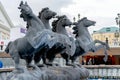 Russia, Moscow, October 2019. A fountain with a sculpture of galloping horses in the Alexander Garden in Moscow