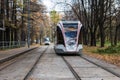 Russia, Moscow, October 22, 2017: Moscow trams in Izmailovo in the autumn season