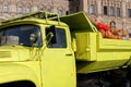 Russia, Moscow, October 2019. An old dump truck full of pumpkins on Red Square in Moscow for a harvest festival