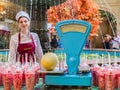 06.09.2019 Russia, Moscow, Red Square. Melon counter. Watermelons and melons are cut into pieces and packed in individual Royalty Free Stock Photo