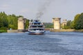 Russia, Moscow region, August 2108. The passenger cruise ship leaves the River Gateway on the Moscow Canal. Water facilities for n