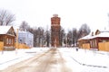 Russia, Moscow region, Zaraysk 12 January, 2022: water tower view city center at winter day. Royalty Free Stock Photo