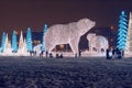 Russia, Moscow, Rostokino: Christmas light composition with bears