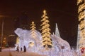 Russia, Moscow, Rostokino: Christmas light composition with bears