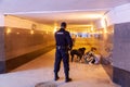 Russia Moscow 2019-06-17 Russian policeman officer standing back to camera with inscription Police on the uniform jacket