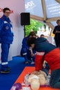 Russia, Moscow, 21 September 2019, Moscow Ambulance 100th Anniversary Festival, Sokolniki park. Process of teaching cardiopulmonar
