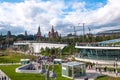 RUSSIA, MOSCOW - SEPTEMBER 16, 2017: Moscow Kremlin and St. Basil`s Cathedral view and new Poryachiy bridge in the new Royalty Free Stock Photo