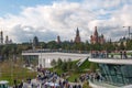 RUSSIA, MOSCOW - SEPTEMBER 16, 2017: Moscow Kremlin and St. Basil`s Cathedral view and new Poryachiy bridge in the new Royalty Free Stock Photo